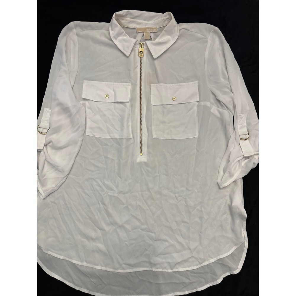 Michael Michael Kors White Half Zip Roll Tab Sleeve Blouse XL Gold Hardware